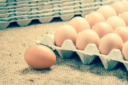 Close up of egg in carton box with brown burlap