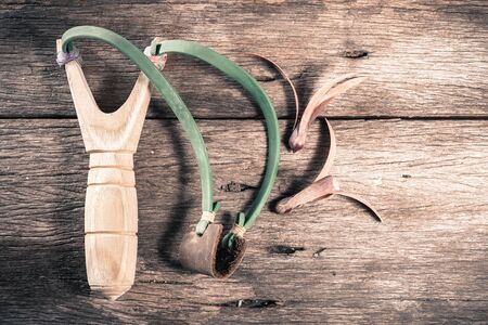 Wooden catapult slingshot with seed plant on wooden floor, vintage styleの写真素材