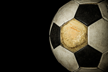 Close up of Old Soccer ball on Black backgroundの写真素材