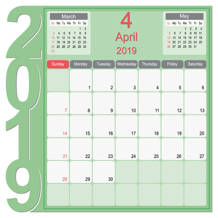 2019 Calendar Monthly Planner Design, April 2019 year vector calendar designのイラスト素材