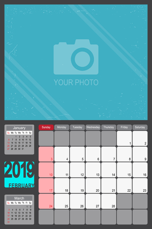 2019 Calendar Monthly Planner Design with Place of Photo, February 2019 year vector calendar designのイラスト素材