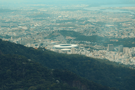 Close up view from top of city, nature, stadium and bay in Rio de Janeiro, Brazilの写真素材