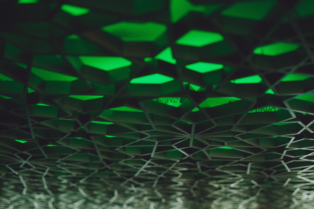 Tilt shift shooting of green ornamental, self illuminated texture placed on ceiling of modern interiorの写真素材