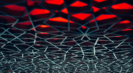 Tilt shift shooting of red ornamental, self illuminated texture placed on ceiling of modern interiorの写真素材