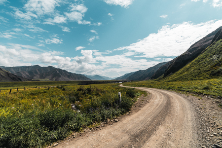 Wide-angle view of unmetalled road twisting among mountains of Altai on sunny summer day surrounded by meadows of native grasses with hills range in a distance, Russia, Kuyus districtの写真素材