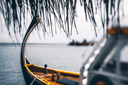 True tilt-shift shot of the yellow and blue nose of the wooden vessel moored to a pier by rope, plenty of dry palm leaves dangling from the roof, seascape and island in the defocused backgroundの写真素材