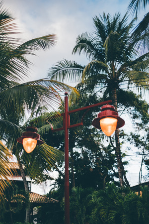 Vertical evening view of red vintage street light with two lamps in it surrounded by green trees, plants, and palms of the tropical resort Praia do Forte in state Bahia, Brazil; houses in a backgroundの写真素材