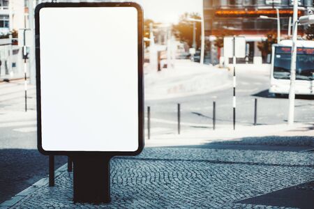 Mockup of the blank information poster in urban settings with paving stone on the ground; an empty vertical street banner template on a sidewalk; an outdoor billboard placeholder mock-up on a pavementの写真素材