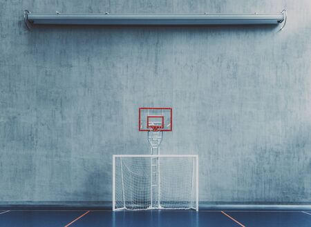 Front view of the court in the gym hall; an indoor modern office stadium with a basketball basket...