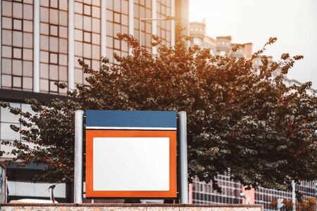Mockup of empty information or map banner placeholder on the top of a metro entrance in urban settings; a blank white template of an advertising billboard with a sprawling tree behind itの写真素材