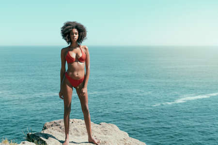 Dazzling young African-American female with a curly Afro hair and in a swimsuit is standing on a...