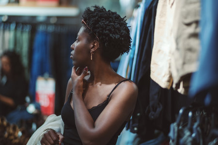 A beautiful young black woman with a hanger in hand is pensivelyÂ looking around while standing in...