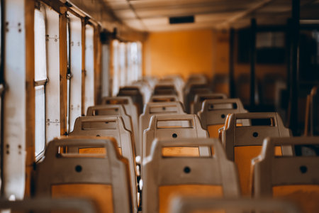 Multiple empty rows of orange seats inside of a passenger boat near the windows; train compartment with plenty of old chairs with handles, selective focus, shallow depth of fieldの素材 [FY310166811625]