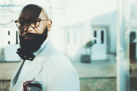 Portrait of an elegant stately bald bearded black guy in eyeglasses and a fashionable white custom-made costume with dotted bow-tie, standing on the street with a contrast shadow on a part of the faceの写真素材