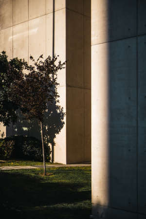 A vertical shot with a shallow depth of field of two grey concrete walls made of rectangular slabs...