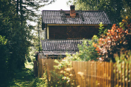 View of a mysterious cozy narrow street or a pathway overgrown with trees and grass in a suburban village with a selective focus on wooden dacha summer cottage in the shadow of the conifer forestの写真素材