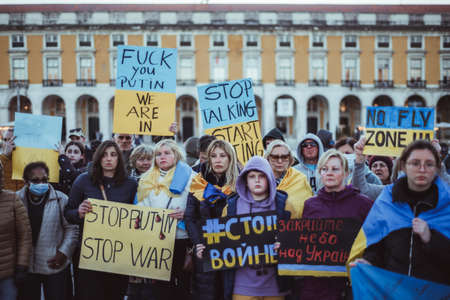 Lisbon, Portugal - March 6, 2022: a protest action in support of Ukraine and against Russian...