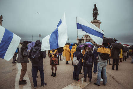 Lisbon, Portugal - March 20, 2022: a protest action in support of Ukraine and against Russian...