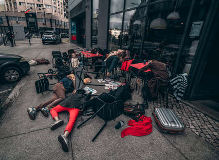 Lisbon, Portugal - April 8, 2022: actionists staged a flash mob protest action in front of the...