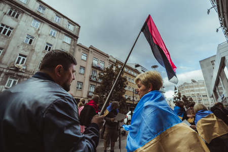 Lisbon, Portugal - April 6, 2022: a protest demonstration following the war crimes in Bucha: people...