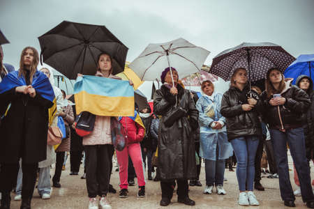 Lisbon, Portugal - March 20, 2022: a protest action in support of Ukraine, against Russian invasion...