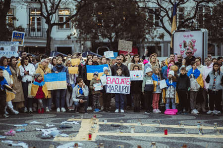 Lisbon, Portugal - April 20, 2022: protest demonstration dedicated to saving the city of Mariupol which was attacked and almost totally destroyed by Russian militaries during the invasion of Ukraineのeditorial素材