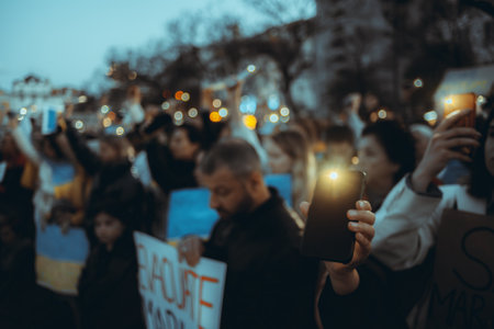 Lisbon, Portugal - April 20, 2022: a night protest action dedicated to saving the Ukrainian city of Mariupol which was almost totally destroyed by Russia; people shine their cell phone flashlights upのeditorial素材