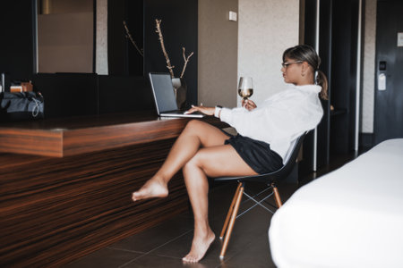 An adult plus-size Hispanic woman is pausing the series which she is watching on the screen of her laptop while sitting in a hotel room during her vacation with a glass of white wine in her handの写真素材