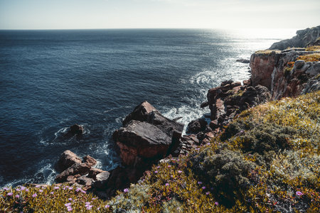 A wide-angle view from the cliff of a beautiful ocean coast overgrown with pink flowers, grasses, and short bushes, with huge stones and rocks stones washed by the waves of the seawater; Cascaisの写真素材