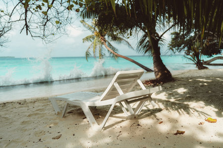 View of a daybed in front of the ocean on a luxury Maldives resort on a warm sunny day surrounded by palm trees; a plastic recliner on the coral sand in front of breaking waves on the beachの写真素材
