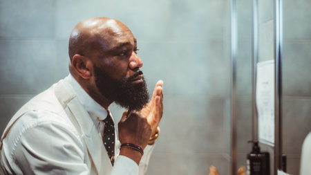 A profile view of a handsome bald black man grooming, brushing, and moisturizing the beard hair in front of the mirror in a bathroom of a luxury hotel; an African-American man taking care of his beardの写真素材