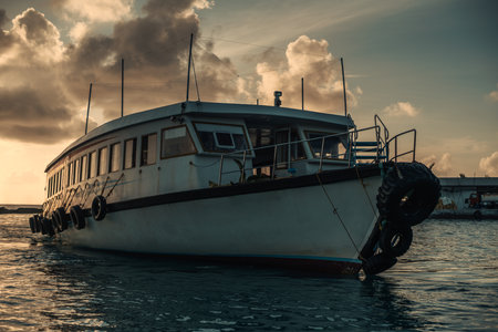 A view of a white-colored sailing boat shot at sunset. Several car tires are attached to it's rusty surface by metal clips anchored with clouds covering the sun rays, leaving a dramatic ambienceの写真素材