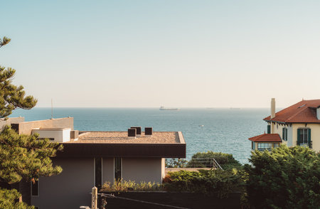View from a residence to the beautiful seawater with some boats drifting away on a clear breathtaking blue sky, the nearby neutral-colored houses surrounded with flora, pine trees with green needlesの写真素材