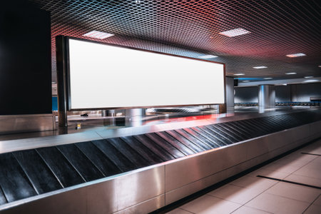 Shot in low-key of a very large rectangular blank billboard mockup facing a baggage claim in an airport terminal; a big white blank advertisement template indoors in front of a baggage handling systemの写真素材