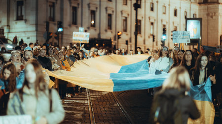 Lisbon, Portugal - February 24, 2023: Low-key shot of members of the Ukrainian and Russian communities in Lisbon, holding the Ukrainian flag during the one-year anniversary of the war in Ukraineのeditorial素材