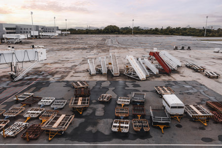 A wide-angle view of an airport outdoors area with plenty of trailers, retractable ladders, wheeled gangways, and other wheeled auxiliary equipment next to the take-off field on a warm eveningの写真素材
