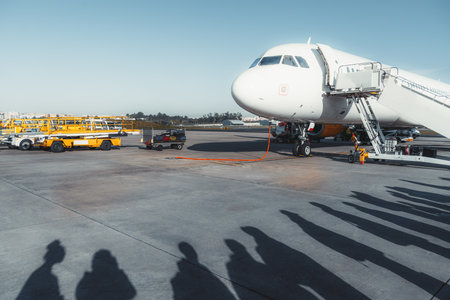 In Lisbon airport, a plane sits on the right side with stairs. Shadows of people form a queue,...