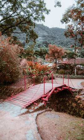 A vertical shot of a vivid red metal bridge over a narrow brook in tropical settings with hills overgrown with rainforest in the background and colourful plants and a house roof in the middleの写真素材