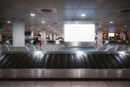 Lisbon; Luggage claim area; A conveyor belt featuring a white blank mockup in the back. The grey-toned surroundings are impeccably illuminated with bright white lightsの写真素材