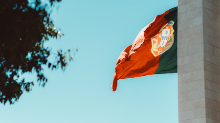 The Portuguese flag waves proudly against a clear blue sky, partially framed by a tree branch on the...
