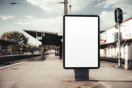 A blank digital billboard mock-up stands on an empty train station platform. Overhead cables, rail tracks, and industrial structures define the background under a cloudy skyの写真素材