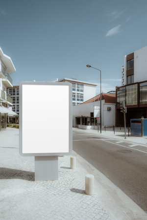 A blank white advertisement billboard is displayed in an urban street setting on a sunny day, surrounded by modern buildings, a quiet road, and minimal foot trafficの写真素材