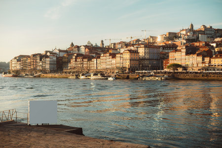 Front-facing billboard mockup on a riverside stone platform with a scenic urban cityscape of Porto in the background, featuring colorful historic buildings under warm evening light of golden hourの写真素材