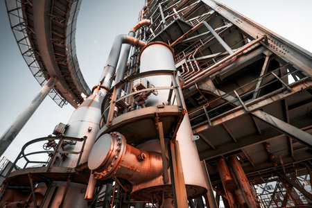 Industrial refinery infrastructure with large metal pipes, storage tanks, and structural steel framework. Rust and oxidation details on metal surfaces. Low-angle perspectiveの写真素材