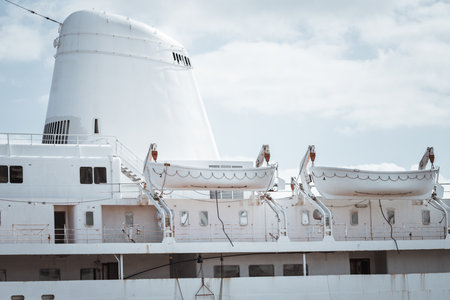 A close-up view of a white passenger ship's upper deck featuring lifeboats secured in davits, metal railings, windows, doors, staircases, and a large white funnel against a cloudy skyの写真素材