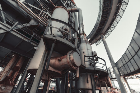 Industrial metal structure with large cylindrical tanks, pipes, valves, and railings. Rusted details and curved framework create a raw, futuristic factory-like atmosphereの写真素材