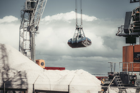 A telephoto view of an industrial crane with a clamshell bucket unloading white bulk material at a port. Heavy machinery, metal structures, and cloudy sky create a dynamic industrial sceneの写真素材