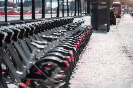 A long row of modern urban rental bicycles neatly lined up at a docking station on a sunlit sidewalk. The perspective emphasizes repetition and depth. Public bike-sharing systemの写真素材