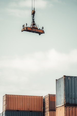 Vertical telephoto shot of a heavy-duty industrial crane spreader is suspended in the air, ready to lift or lower a shipping container at a busy cargo port. Stacked metal containers, orange and blueの写真素材