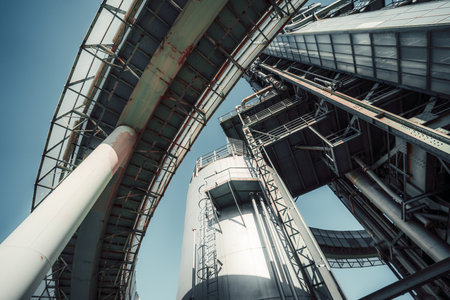 Industrial oil refinery with metal pipelines, storage tanks, and structural bridges. A low-angle...